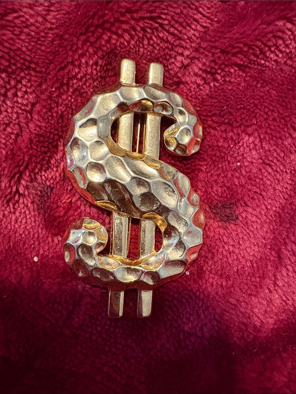Gold Tone Hammered Dollar Sign Pin Brooch